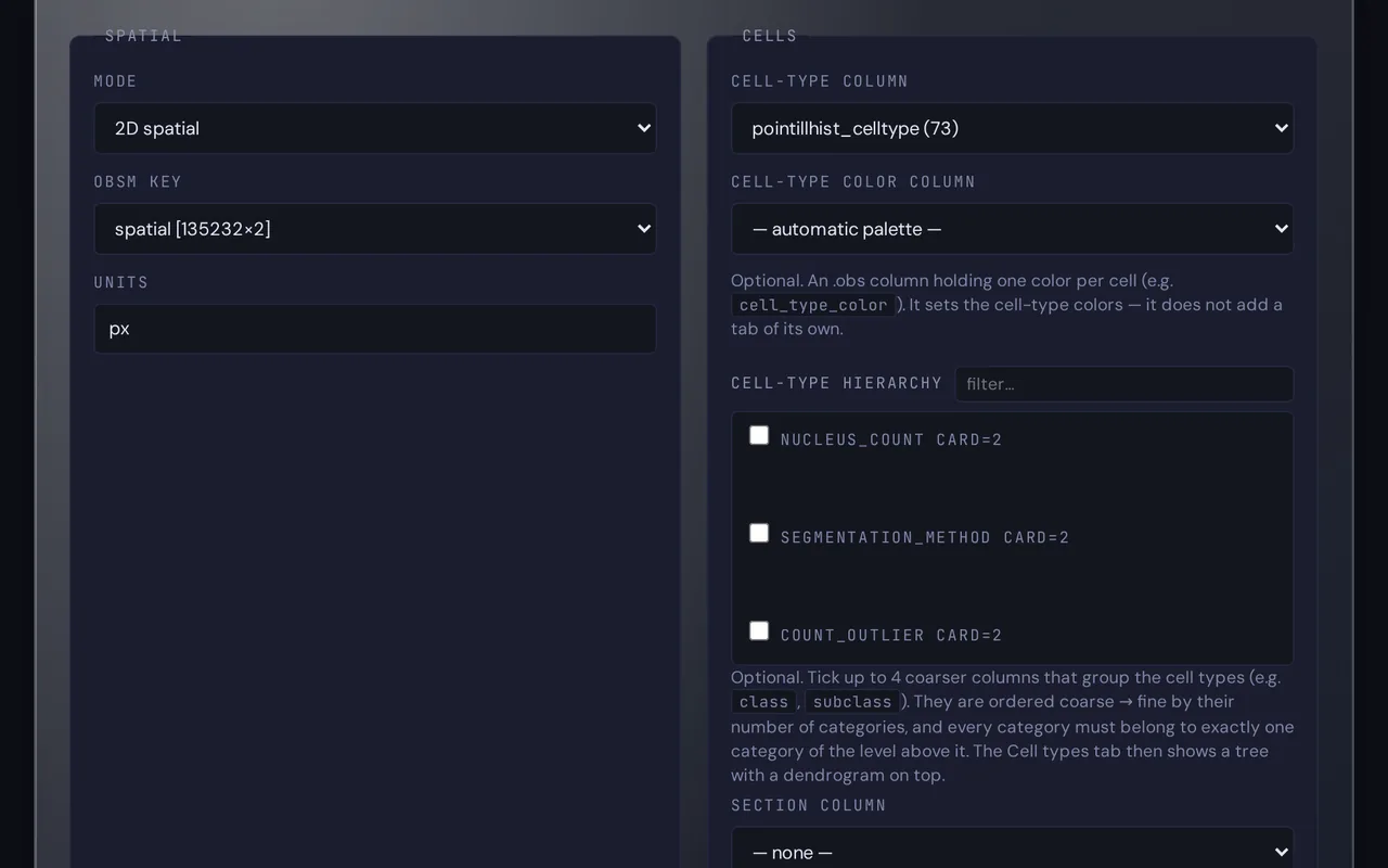 The import wizard at its Map fields step: the Spatial panel set to 2D spatial, with the spatial obsm key and pixel units, and the Cells panel with a cell-type column of 73 types, an automatic palette and the hierarchy options.