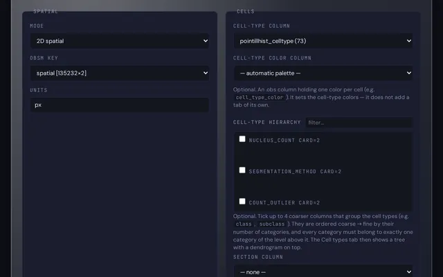 The import wizard at its Map fields step: the Spatial panel set to 2D spatial, with the spatial obsm key and pixel units, and the Cells panel with a cell-type column of 73 types, an automatic palette and the hierarchy options.