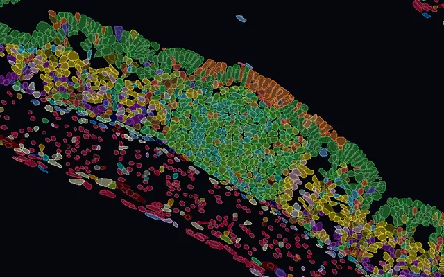 Cells of a mouse colon fold drawn as their segmentation polygons, each filled and outlined in its cell-type colour, with its nucleus outlined inside.